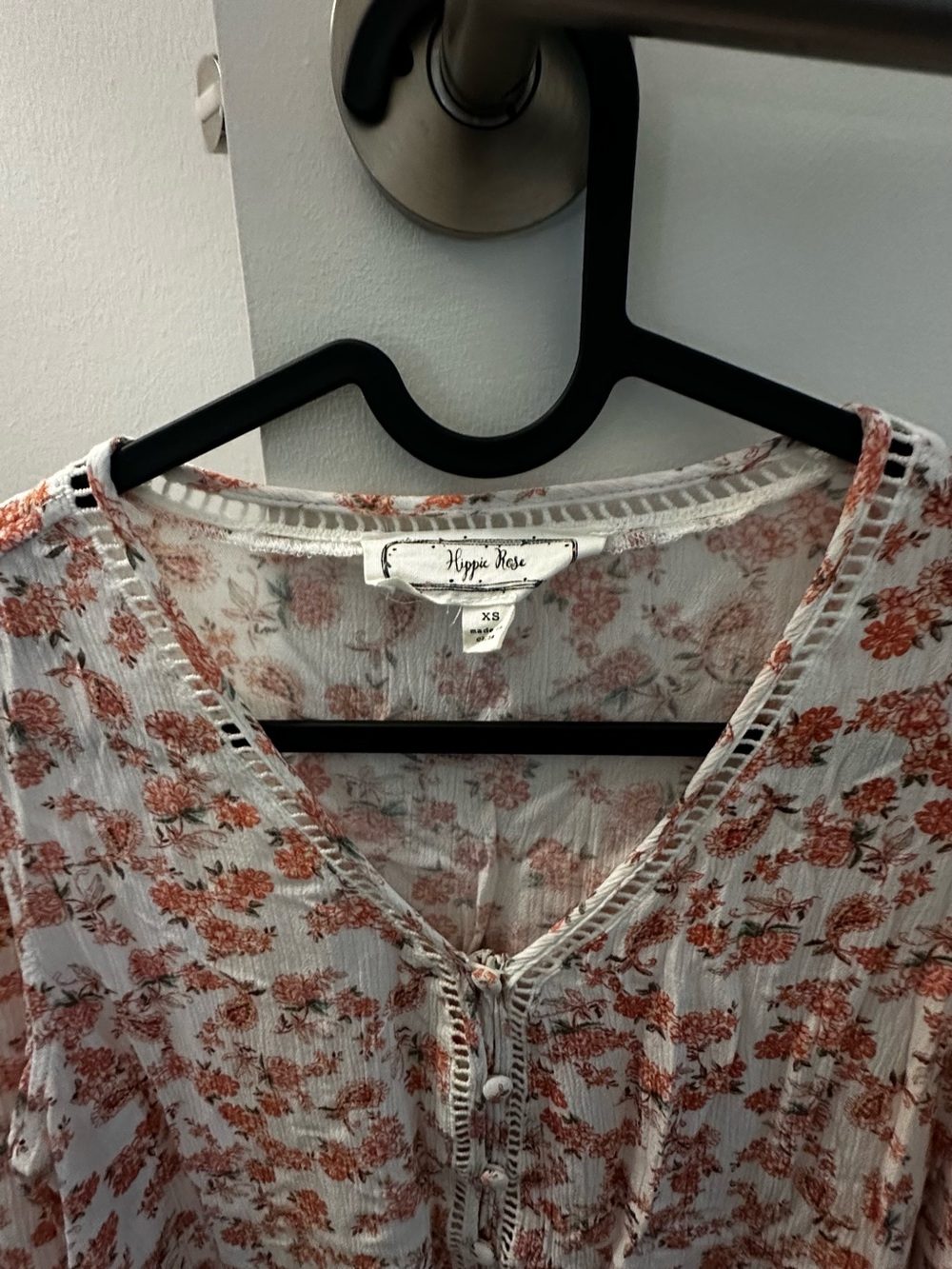 Hippie Rose White V-Neck Button Front Blouse with Rust Floral Print